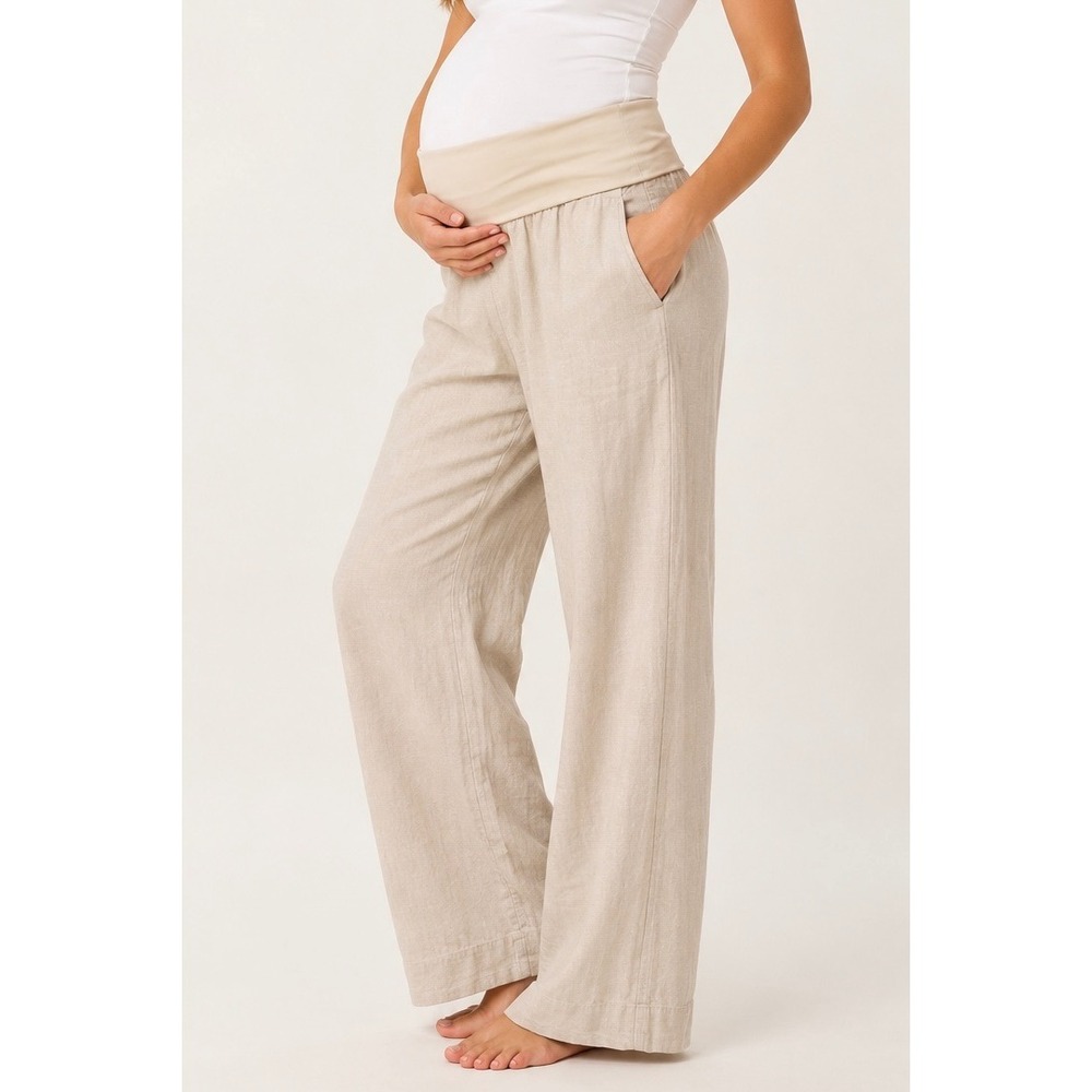 NWT Old Navy Maternity Linen Blend Wide Leg Pants Beige Neutral Size M